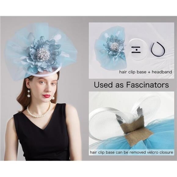 Women Organza Church Tea Party Hats Floral Blue main image 3